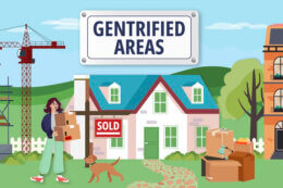 A house with a “Gentrified Areas” sign, a sold sign, moving boxes, a person carrying boxes, a dog, and construction cranes in the background.