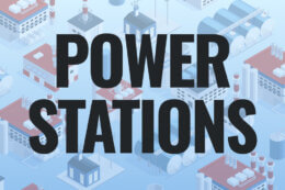 a 3d birds-eye cartoon view of power stations clustered together, with a text overlay in black cold capital letters reading "Power Stations"