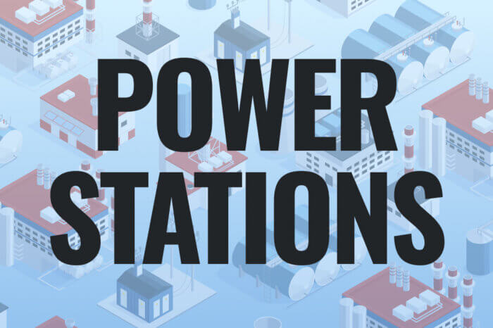 a 3d birds-eye cartoon view of power stations clustered together, with a text overlay in black cold capital letters reading "Power Stations"