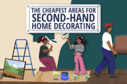 a cartoon of people redecorating a house with a title overlay reading "The cheapest areas for second-hand home decorating"