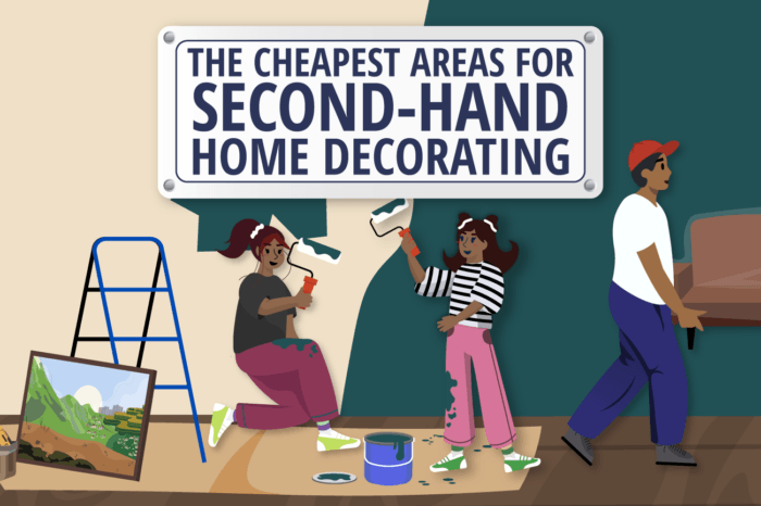 a cartoon of people redecorating a house with a title overlay reading "The cheapest areas for second-hand home decorating"