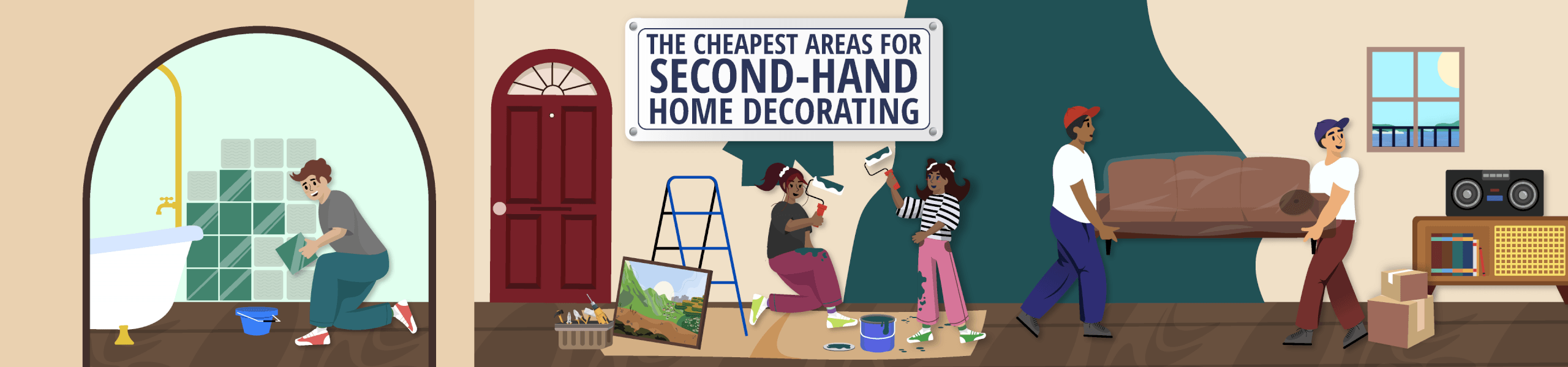 a cartoon of people redecorating a house with a title overlay reading "The cheapest areas for second-hand home decorating"