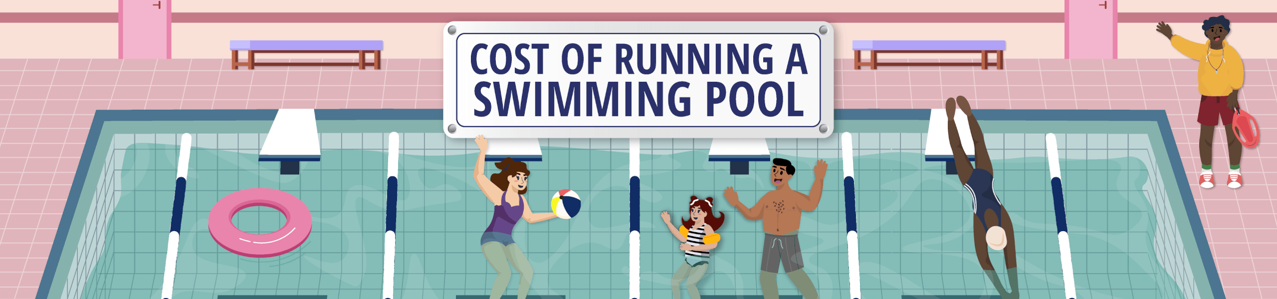 An indoor swimming pool, showing adults and children playing in the water beneath a sign that reads “Cost of Running a Swimming Pool,” including a pink pool ring, a swimmer diving, and a lifeguard standing poolside.