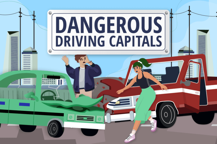 Illustrated close‑up of a collision between two vehicles on a city street, with a sign reading “Dangerous driving capitals"