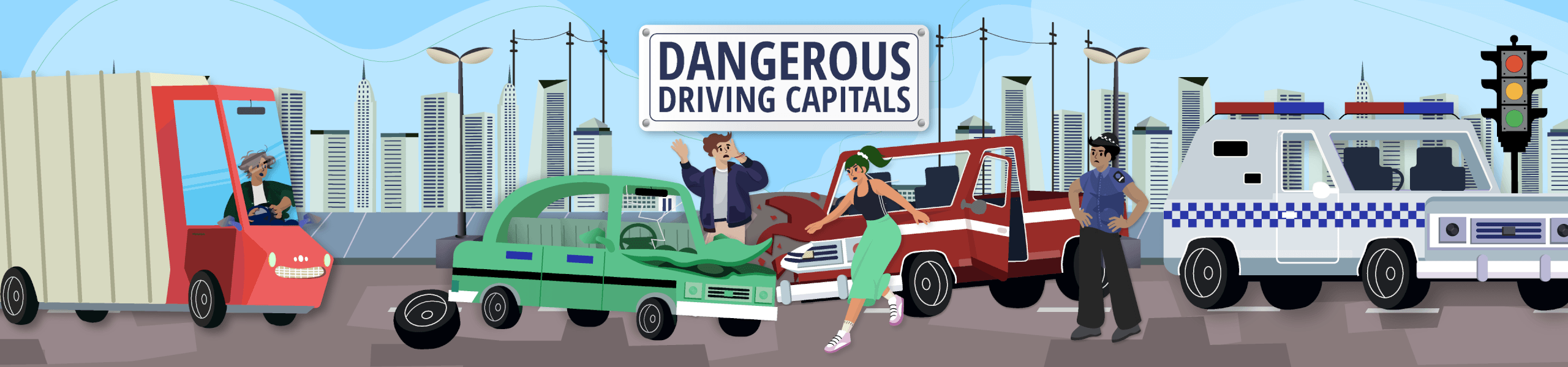 Illustrated city street with multiple vehicles involved in a crash beneath a sign reading “Dangerous driving capitals"