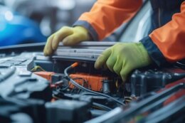 Detailed view of gloved hands handling electronic components inside an open vehicle engine compartment.