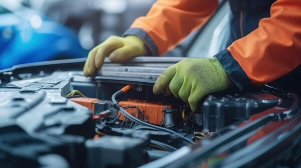 Detailed view of gloved hands handling electronic components inside an open vehicle engine compartment.