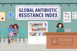 A cartoon of a medical centre with a title overlay reading "Global Antibiotic Resistance Index"