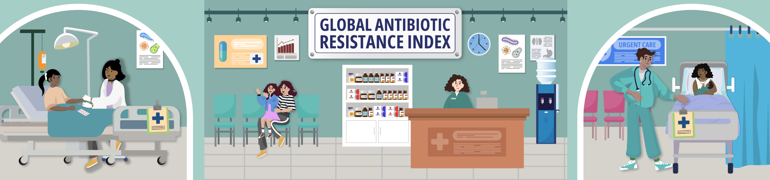 A cartoon of a medical centre with a title overlay reading "Global Antibiotic Resistance Index"