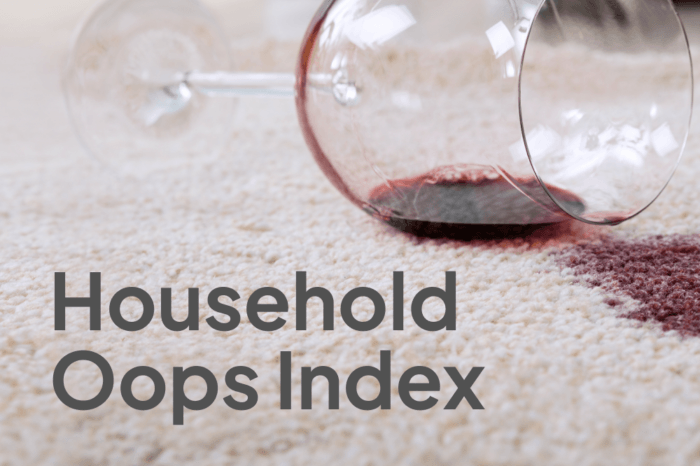 A image of a wine spilled on white carpet with the headline "Household Oops Index".