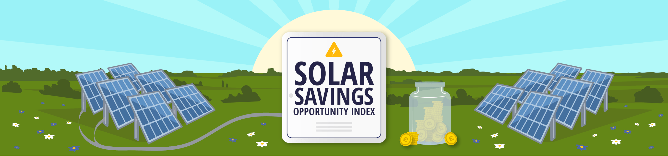 Illustration of solar panels in green fields under a bright sky, with a central Solar Savings Opportunity Index sign and a jar of coins representing household solar savings.