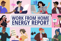 a cartoon image showing people dialling into a group work call with a title in the middle reading "Work from home energy report"