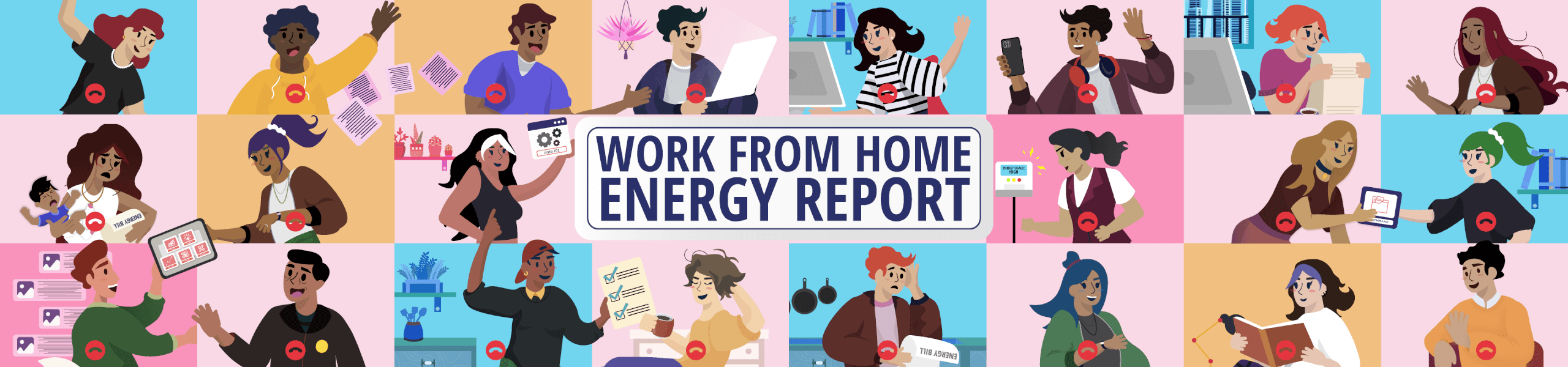 a cartoon image showing people dialling into a group work call with a title in the middle reading "Work from home energy report"
