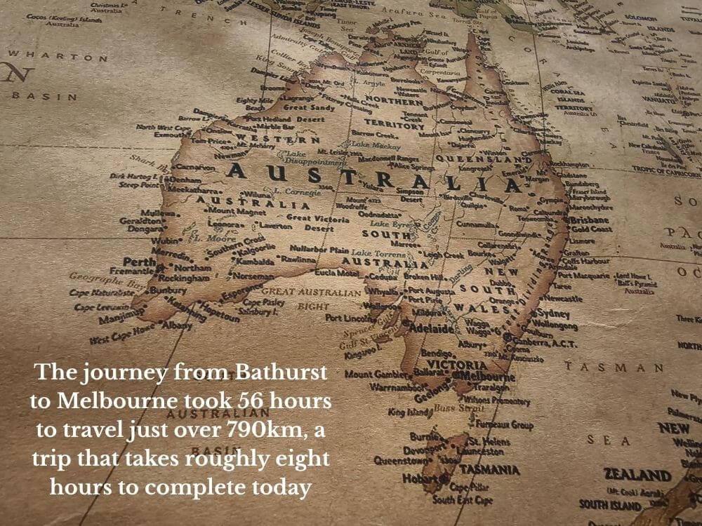 Map of Australia. The journey from Bathurst to Melbourne took 56 hours to travel just over 790km, a trip that takes roughly eight hours to complete today.
