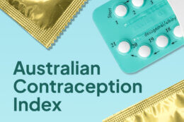 A light blue promotional graphic displaying the title “Australian Contraception Index” with a birth control pill blister pack and gold condom wrappers positioned around the text.