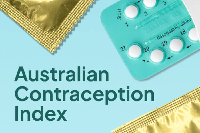 A light blue promotional graphic displaying the title “Australian Contraception Index” with a birth control pill blister pack and gold condom wrappers positioned around the text.