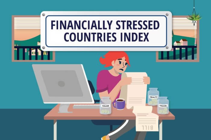 A cartoon image of a woman reading a long bill at her computer desk inside a blue room, with a title overlay reading "Financially Stressed Countries Index"