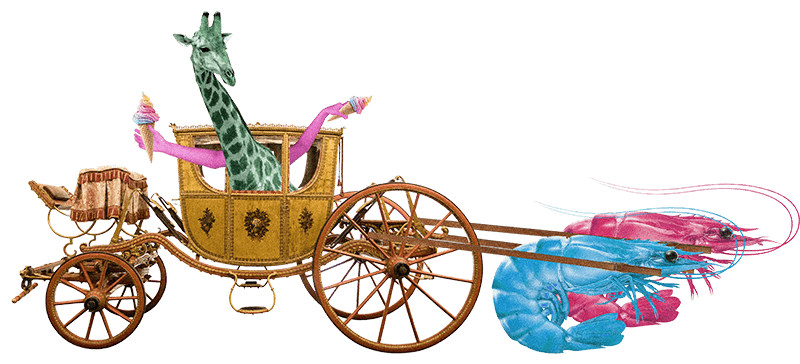 An fun design showing a carriage towed by prawns and a giraffe passenger with human arms holding ice creams out the windows
