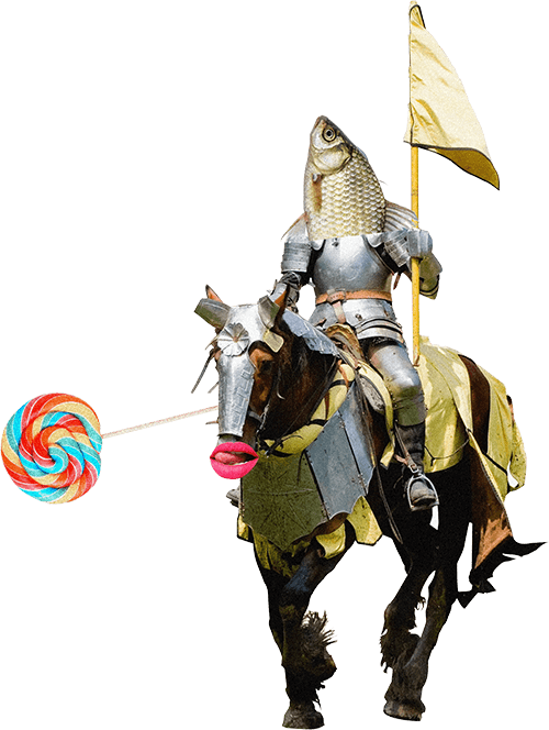 A fun image of a knight with a fish for a head and a lollipop for a joist on horse with human lips