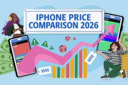 iPhone Price Comparison 2026 illustration with smartphones, money and a rising price graph.