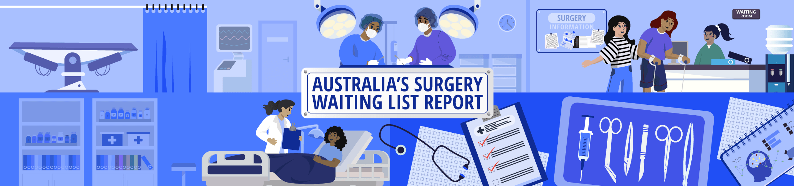Illustration for Australia’s Surgery Waiting List Report, showing a hospital setting with surgical staff, a patient, medical equipment, surgical instruments and a waiting room.