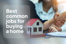 a man and woman shaking hands with someone off camera next to a tiny model house, keys, and paperwork, with a title overlay reading "Best common jobs for buying a home